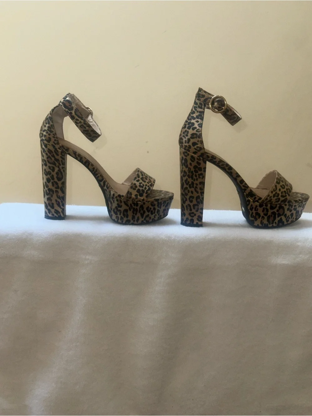 BAMBOO Leopard Platform Ankle Strap Block Heel Sandals - Brown/Black